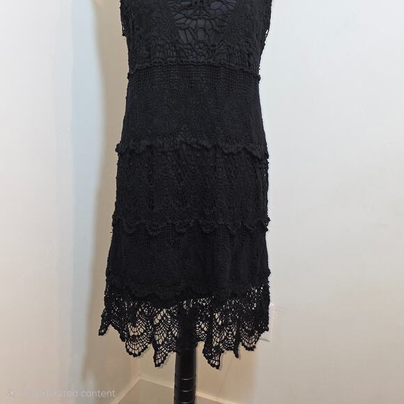 Women's Black Cotton Crochet Dress Sleeveless Lined Size L Handkerchief Boho - Picture 3 of 7